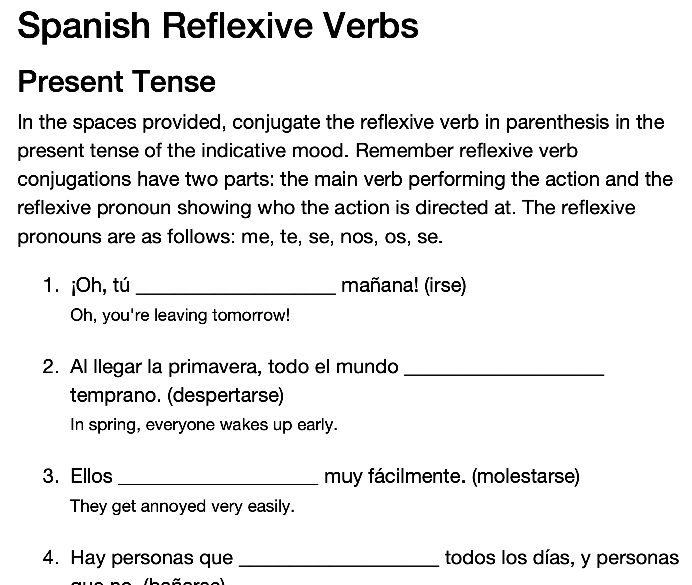 Spanish 1 Reflexive Verbs Worksheet